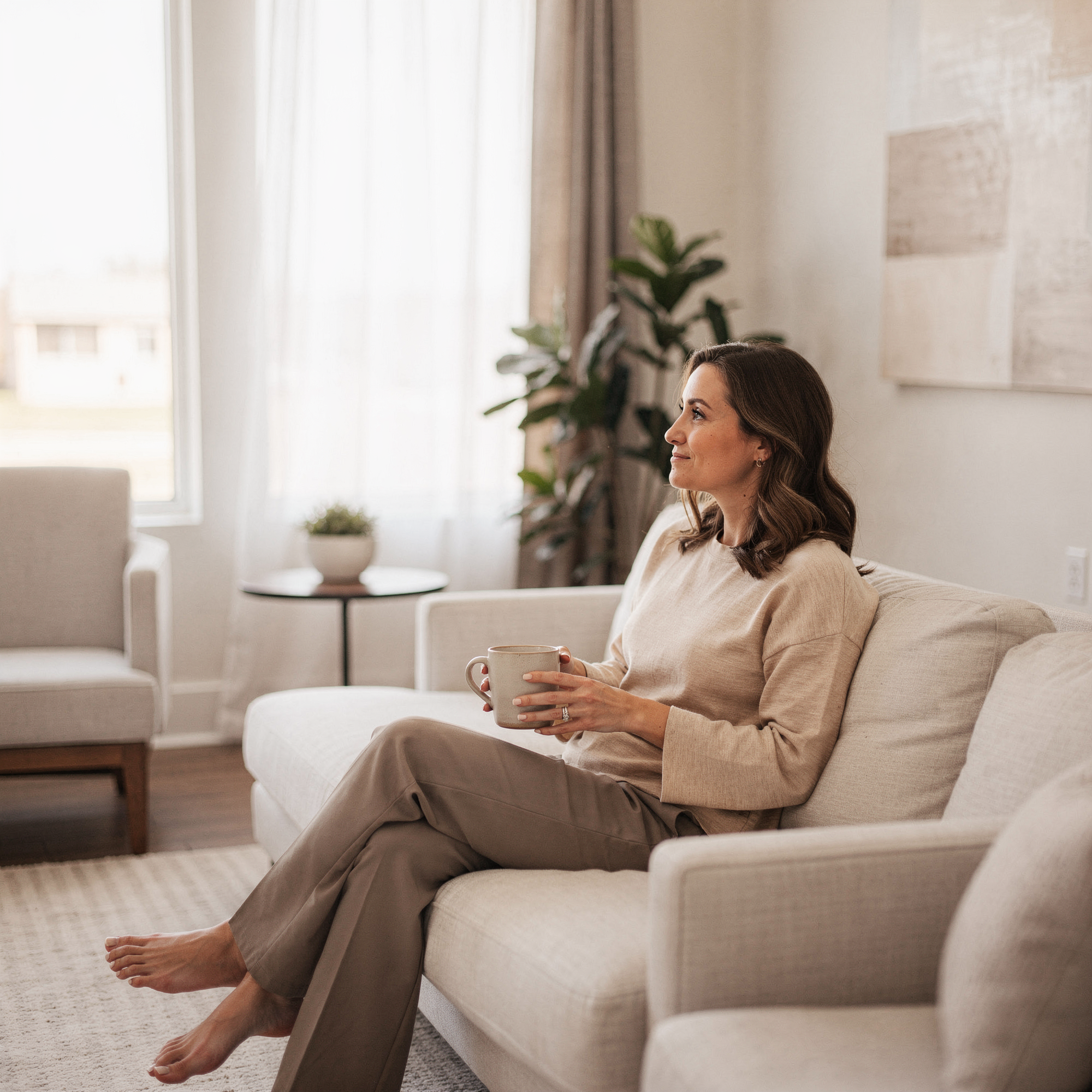 Woman sitting on a beige couch holding a mug in a bright, plant-filled office setting